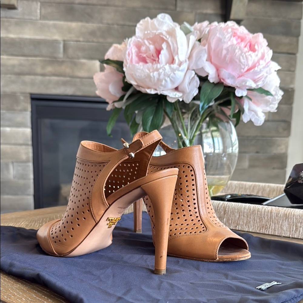 PRADA Tan Peep-Toe Heels